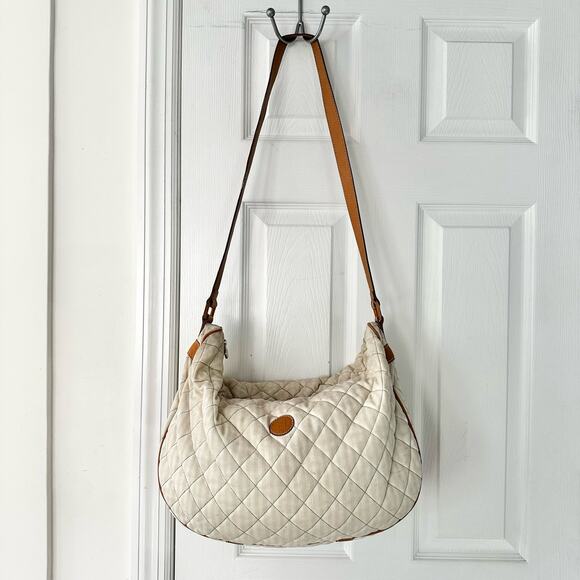 Fendi Vintage Cream White Quilted Faint Stripe Hobo Slouch Fabric Canvas Bag - Picture 1 of 16